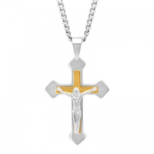 Stainless Steel w/ Yellow Finish Crucifix Pendant