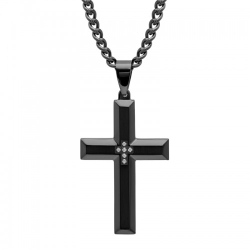 Stainless Steel Black Finish IP Men's Diamond Cross Pendant