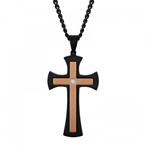 .03 CTW Stainless Steel Black & Rose Finish Diamond Cross Pendant