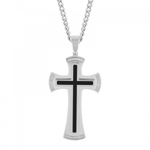 .12 CTW Black and White Stainless Steel and Resin Men's Diamond Cross Necklace