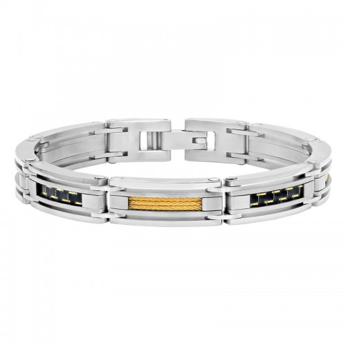 Yellow Finish Men's Stainless Steel Bracelet w/ Carbon Fiber Accents