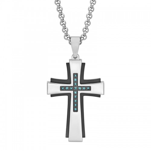 .12 CTW Black and White Men's Diamond Cross Necklace w/ Blue Diamonds