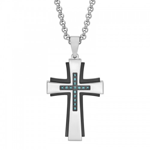 Black and White Men's Diamond Cross Necklace w/ Blue Diamonds
