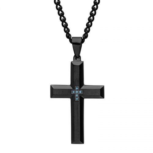 1/20 CTW Stainless Steel Black Finish Men's Blue Diamond Cross Pendant