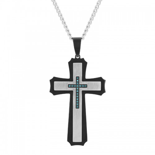 .12 CTW Stainless Steel Blue Diamond With Black Finish Cross Pendant