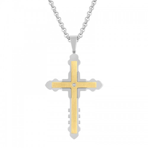 .02 CTW Stainless Steel w/ Yellow Finish Diamond Cross Pendant