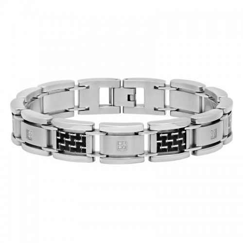 .10Ctw Stainless Steel Diamond With Black Carbon Fiber Link Bracelet