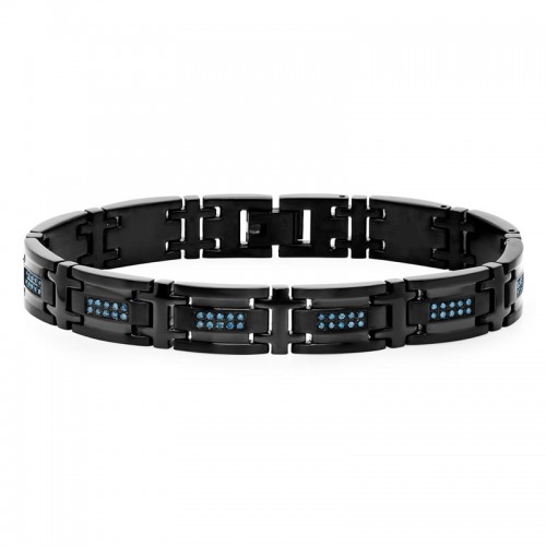 1/2 CTW Black Finish Men's Stainless Steel Bracelet w/ Blue Diamonds