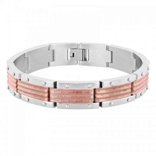 Stainless Steel Two Toned Grooved Brick Design Link Bracelet