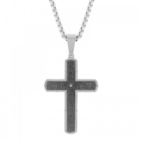 .01Ct Stainless Steel Diamond Textured Cross Pendant