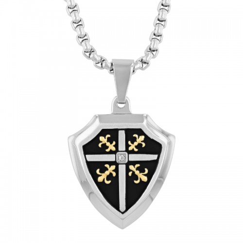 .01Ctw Stainless Steel Diamond With Black & Yellow Finish Shield Pendant