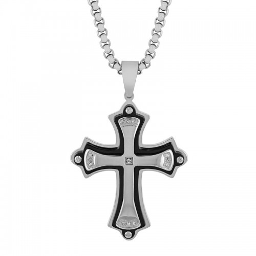 Stainless Steel Black and White Men's Diamond Cross Necklace