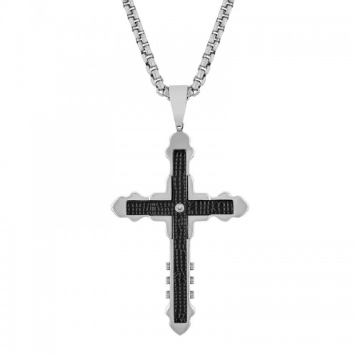 .02 CTW Stainless Steel Black & White Diamond Cross Pendant