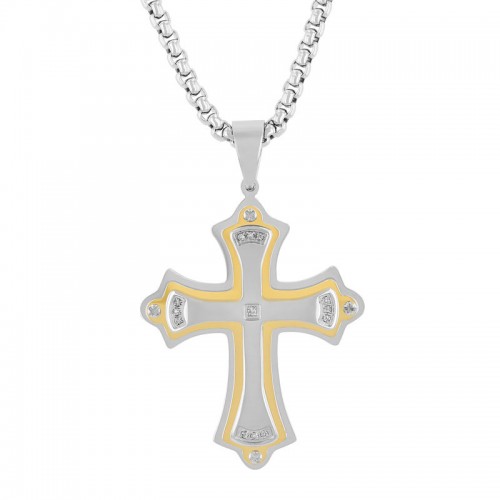 Stainless Steel Stacked Yellow Finish Men's Diamond Cross Necklace