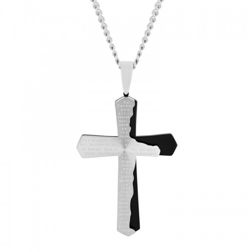 Stainless Steel Black & White Lord's Prayer Cross Pendant