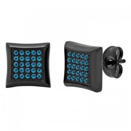Stainless Steel w/ Black Finish Blue Cubic Zirconia Square Stud Earrings