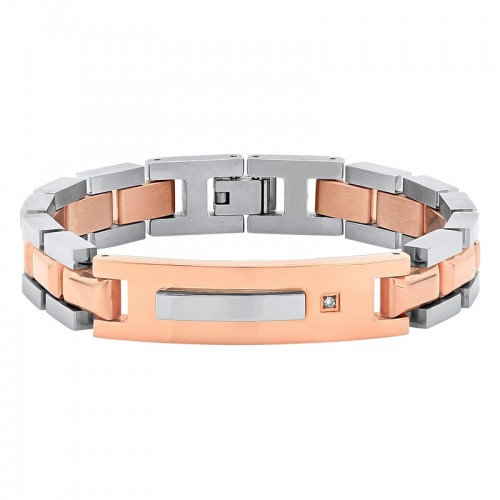 .02 CTW Stainless Steel w/ Rose Finish Diamond ID Bracelet