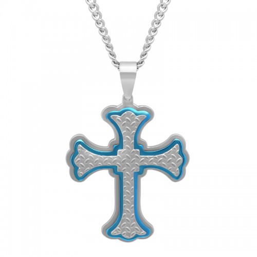 Stainless Steel With Blue Trim Textured Cross Pendant