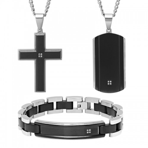 1/3 CTW Stainless Steel Black and White Men's Jewelry Set