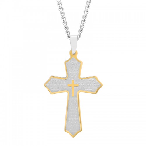 Stainless Steel With Yellow Finish Spanish Lord'S Prayer Cross Pendant