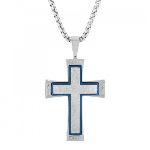 1/10 CTW Stainless Steel White & Blue Finish Diamond Cross Pendant