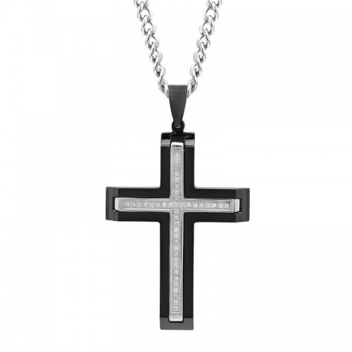 1/5Ctw Stainless Steel Diamond With Black Finish Cross Pendant