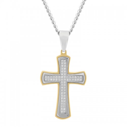 Rounded Yellow FInish Men's Diamond Cross Necklace