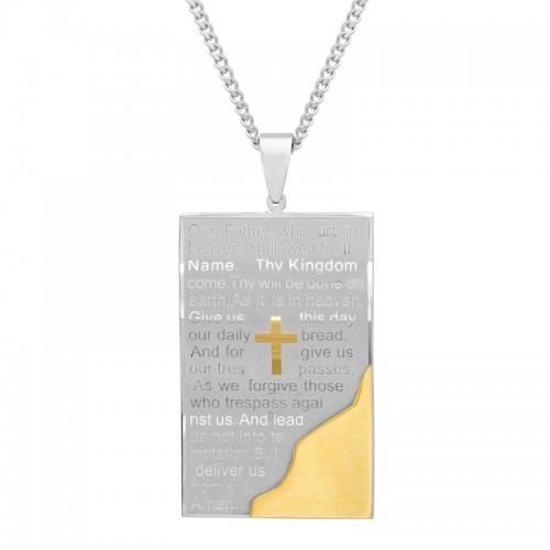 Stainless Steel With Yellow Finish Lord'S Prayer Dog Tag Pendant