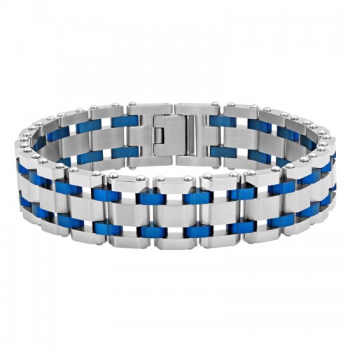 Men's Stainless Steel Bracelet w/ White and Blue Links
