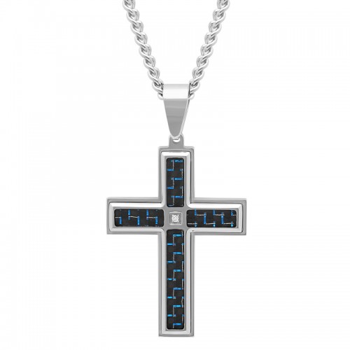 Stainless Steel Black & Blue Carbon Fiber Men's Diamond Cross Necklace