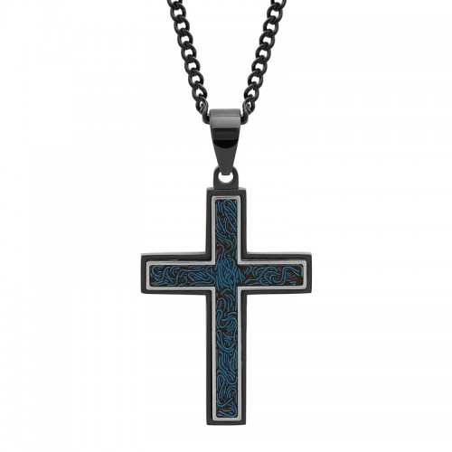 Stainless Steel w/ Blue Finish Cross Pendant