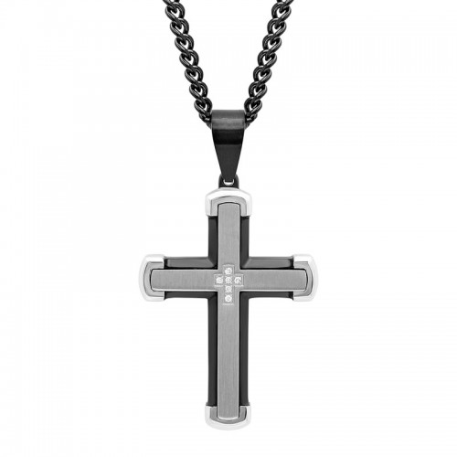 1/20 CTW Stainless Steel Black & White Diamond Cross Pendant