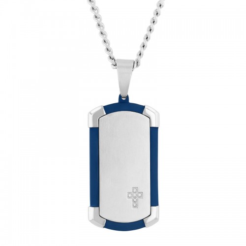 Stainless Steel Blue Finish Men's Diamond Dog Tag Necklace
