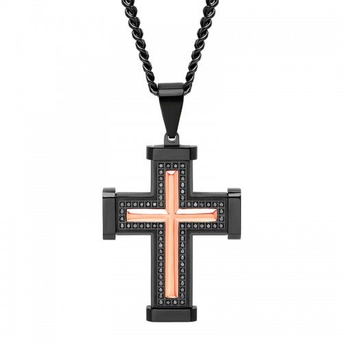 Stainless Steel Black & Rose Black Cubic Zirconia Cross Pendant
