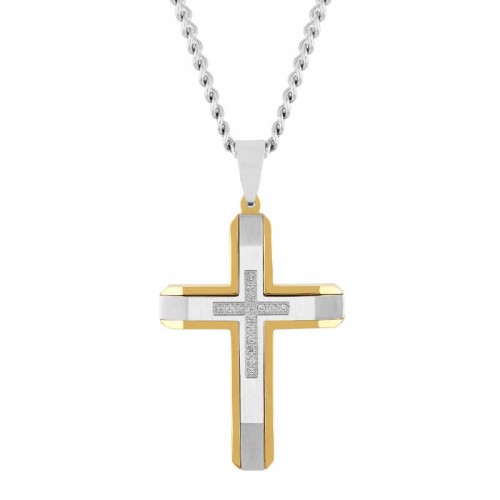 Raised Yellow and White Stainless Steel Cross Pendant with White Diamonds