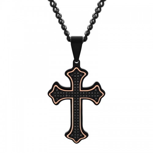 3/8 CTW Stainless Steel Black & Rose Black Diamond Cross Pendant