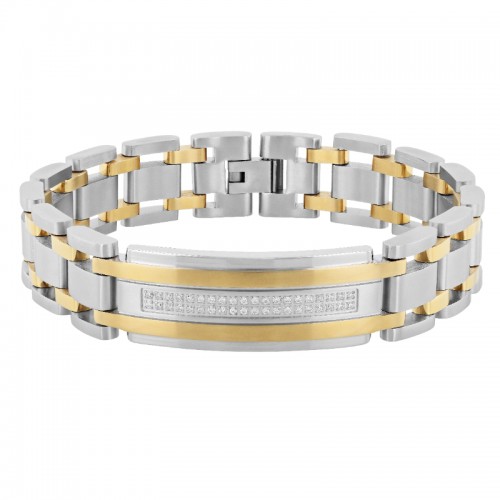 Stainless Steel & Cubic Zirconia  With Yellow Finish Two Tone Id Bracelet