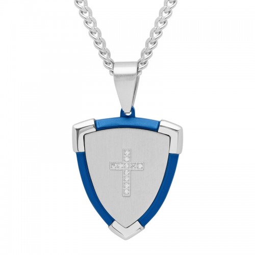 Stainless Steel White & Blue Cubic Zirconia Shield Pendant