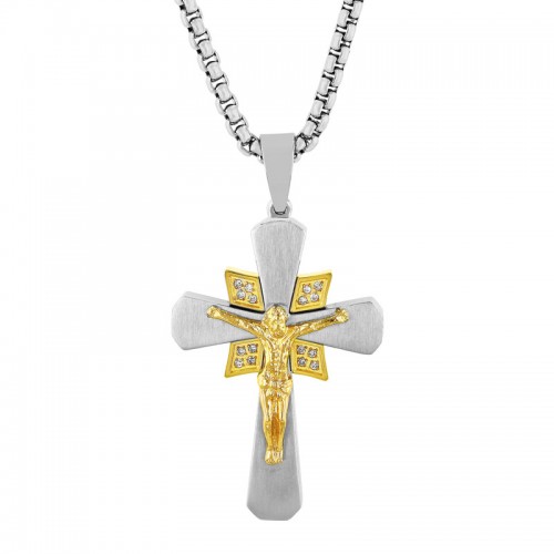 Stainless Steel Yellow Finish Men's Crucifix Necklace w/ Diamonds