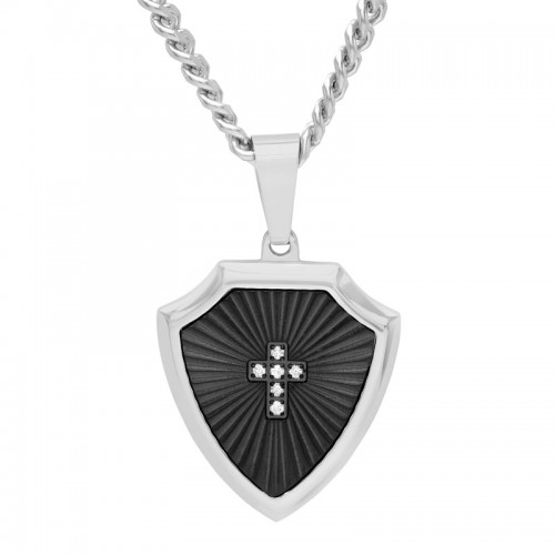 .05 CTW Stainless Steel Black & White Diamond Shield Pendant