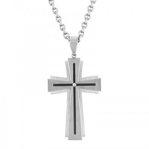 .05Ct Stainless Steel Diamond White With Black Finish Stacked Cross Pendant