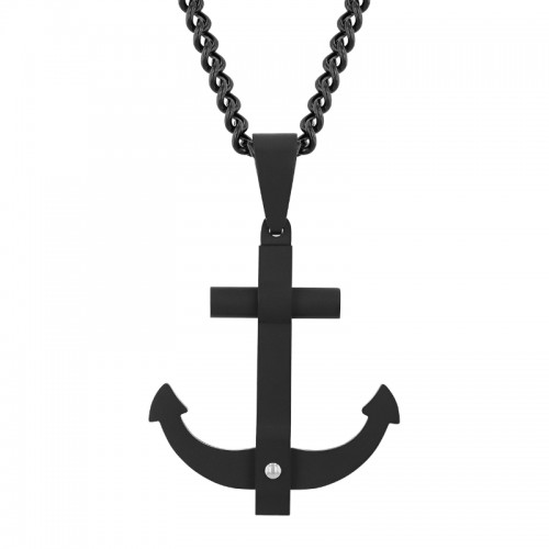 Stainless Steel Black Finish Men's Anchor Necklace