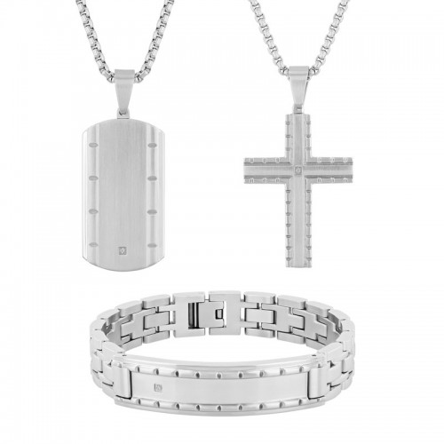 0.03 CTW Stainless Steel Diamond Cross, Dog Tag & Bracelet Set