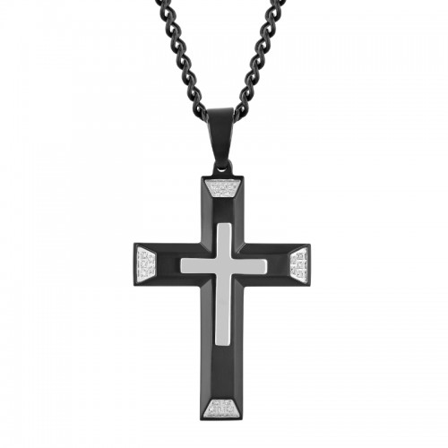 .10Ctw Stainless Steel Diamond Black Finish Cross Pendant