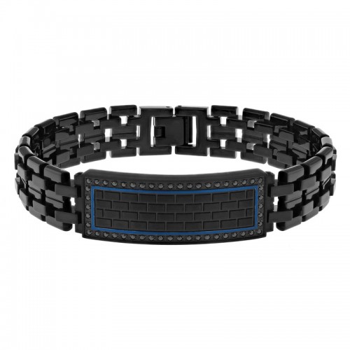 Stainless Steel Black & Blue Black Cubic Zirconia ID Bracelet