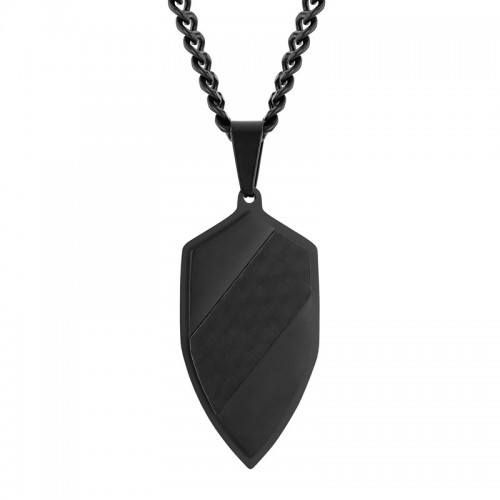 Black Finish Men's Shield Necklace w/ Carbon Fiber Accents