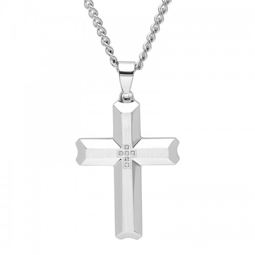 Stainless Steel Scalloped Men's Diamond Cross Necklace