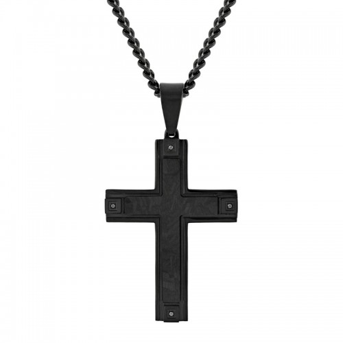 Black Stainless Steel and Forged Carbon Men's Diamond Cross Pendant