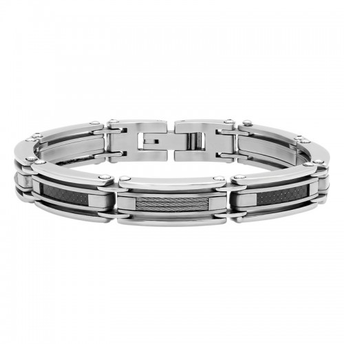 Satin Finish Men's Stainless Steel Bracelet w/ Carbon Fiber Accents