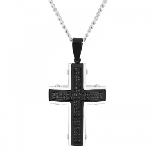 Stainless Steel Black & White Black Cubic Zirconia Cross Pendant